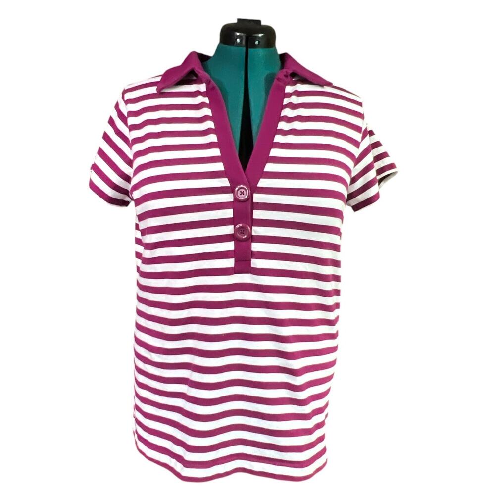 Venezia Lane Bryant Ladies Striped Collared T-Shirt Burgundy White Size 14-16